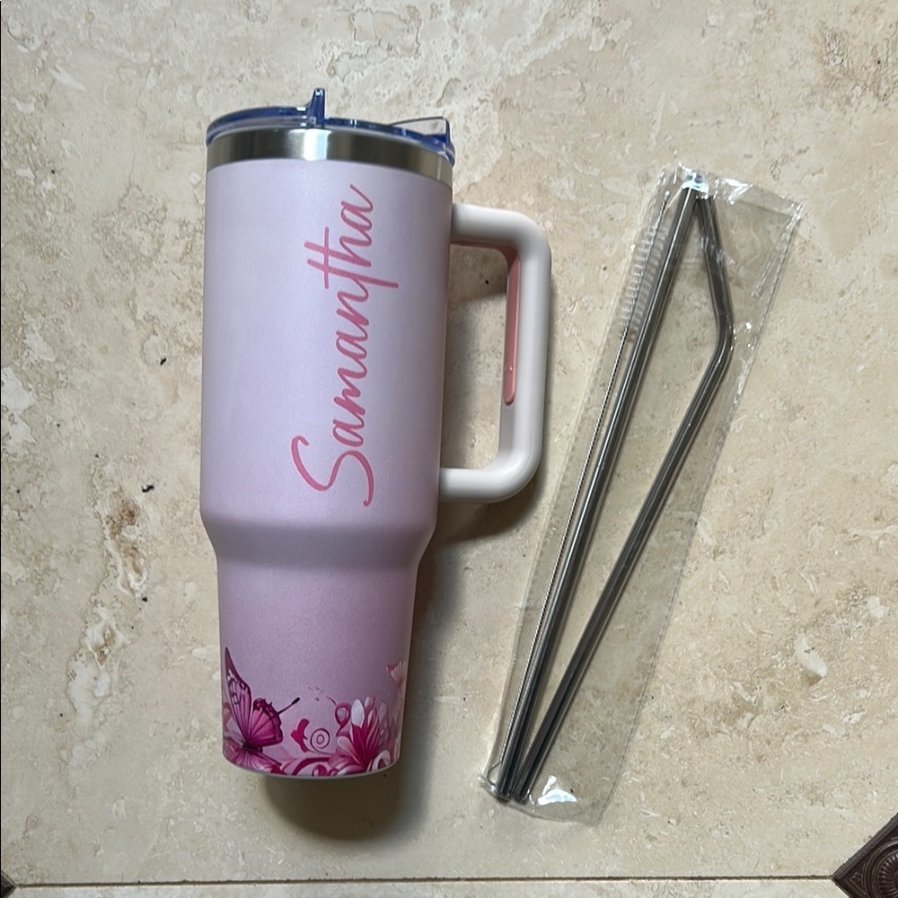 Butterfly Floral Travel Tumbler with Straw
